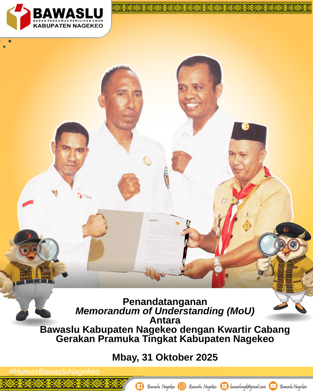 Penandatangan Memorendum of Understanding (MoU) antara Bawaslu Nagekeo dengan Kwartir Cabang Gerakan Pramuka Tingkat Kabupaten Nagekeo